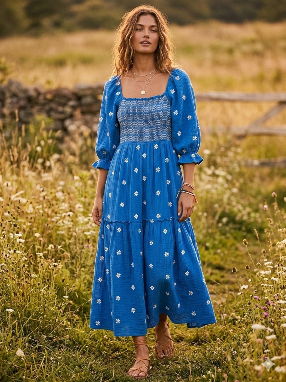 Free People Royal Blue Maxi Prairie Dress with White Daisy Embroidery